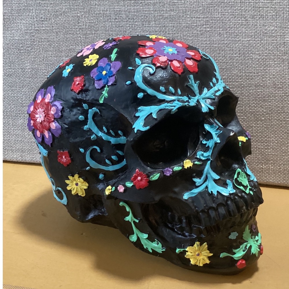 Hand Painted Floral Sugar Skull Decor Black Matte Multi Color Day of the Dead